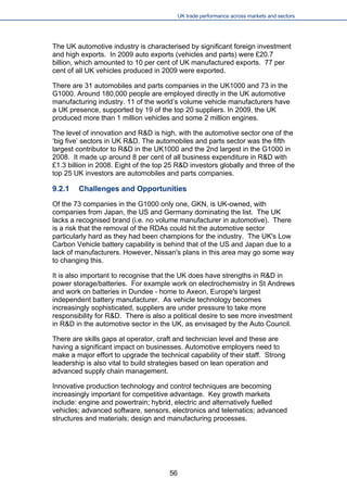 UK trade performance across markets and sectors 
The UK automotive industry is characterised by significant foreign investment and high exports. In 2009 auto exports (vehicles and parts) were £20.7 billion, which amounted to 10 per cent of UK manufactured exports. 77 per cent of all UK vehicles produced in 2009 were exported. 
There are 31 automobiles and parts companies in the UK1000 and 73 in the G1000. Around 180,000 people are employed directly in the UK automotive manufacturing industry. 11 of the world’s volume vehicle manufacturers have a UK presence, supported by 19 of the top 20 suppliers. In 2009, the UK produced more than 1 million vehicles and some 2 million engines. 
The level of innovation and R&D is high, with the automotive sector one of the ‘big five’ sectors in UK R&D. The automobiles and parts sector was the fifth largest contributor to R&D in the UK1000 and the 2nd largest in the G1000 in 2008. It made up around 8 per cent of all business expenditure in R&D with £1.3 billion in 2008. Eight of the top 25 R&D investors globally and three of the top 25 UK investors are automobiles and parts companies. 
9.2.1 Challenges and Opportunities 
Of the 73 companies in the G1000 only one, GKN, is UK-owned, with companies from Japan, the US and Germany dominating the list. The UK lacks a recognised brand (i.e. no volume manufacturer in automotive). There is a risk that the removal of the RDAs could hit the automotive sector particularly hard as they had been champions for the industry. The UK's Low Carbon Vehicle battery capability is behind that of the US and Japan due to a lack of manufacturers. However, Nissan's plans in this area may go some way to changing this. 
It is also important to recognise that the UK does have strengths in R&D in power storage/batteries. For example work on electrochemistry in St Andrews and work on batteries in Dundee - home to Axeon, Europe's largest independent battery manufacturer. As vehicle technology becomes increasingly sophisticated, suppliers are under pressure to take more responsibility for R&D. There is also a political desire to see more investment in R&D in the automotive sector in the UK, as envisaged by the Auto Council. 
There are skills gaps at operator, craft and technician level and these are having a significant impact on businesses. Automotive employers need to make a major effort to upgrade the technical capability of their staff. Strong leadership is also vital to build strategies based on lean operation and advanced supply chain management. 
Innovative production technology and control techniques are becoming increasingly important for competitive advantage. Key growth markets include: engine and powertrain; hybrid, electric and alternatively fuelled vehicles; advanced software, sensors, electronics and telematics; advanced structures and materials; design and manufacturing processes. 
56 
 
