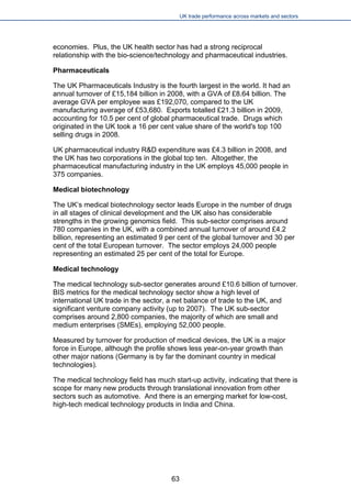 UK trade performance across markets and sectors 
economies. Plus, the UK health sector has had a strong reciprocal relationship with the bio-science/technology and pharmaceutical industries. 
Pharmaceuticals 
The UK Pharmaceuticals Industry is the fourth largest in the world. It had an annual turnover of £15,184 billion in 2008, with a GVA of £8.64 billion. The average GVA per employee was £192,070, compared to the UK manufacturing average of £53,680. Exports totalled £21.3 billion in 2009, accounting for 10.5 per cent of global pharmaceutical trade. Drugs which originated in the UK took a 16 per cent value share of the world's top 100 selling drugs in 2008. 
UK pharmaceutical industry R&D expenditure was £4.3 billion in 2008, and the UK has two corporations in the global top ten. Altogether, the pharmaceutical manufacturing industry in the UK employs 45,000 people in 375 companies. 
Medical biotechnology 
The UK’s medical biotechnology sector leads Europe in the number of drugs in all stages of clinical development and the UK also has considerable strengths in the growing genomics field. This sub-sector comprises around 780 companies in the UK, with a combined annual turnover of around £4.2 billion, representing an estimated 9 per cent of the global turnover and 30 per cent of the total European turnover. The sector employs 24,000 people representing an estimated 25 per cent of the total for Europe. 
Medical technology 
The medical technology sub-sector generates around £10.6 billion of turnover. BIS metrics for the medical technology sector show a high level of international UK trade in the sector, a net balance of trade to the UK, and significant venture company activity (up to 2007). The UK sub-sector comprises around 2,800 companies, the majority of which are small and medium enterprises (SMEs), employing 52,000 people. 
Measured by turnover for production of medical devices, the UK is a major force in Europe, although the profile shows less year-on-year growth than other major nations (Germany is by far the dominant country in medical technologies). 
The medical technology field has much start-up activity, indicating that there is scope for many new products through translational innovation from other sectors such as automotive. And there is an emerging market for low-cost, high-tech medical technology products in India and China. 
63 
 