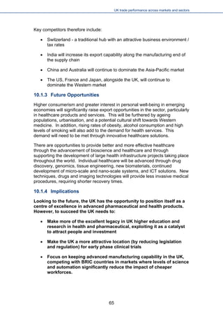 UK trade performance across markets and sectors 
Key competitors therefore include: 
 
Switzerland - a traditional hub with an attractive business environment / tax rates 
 
India will increase its export capability along the manufacturing end of the supply chain 
 
China and Australia will continue to dominate the Asia-Pacific market 
 
The US, France and Japan, alongside the UK, will continue to dominate the Western market 
10.1.3 Future Opportunities 
Higher consumerism and greater interest in personal well-being in emerging economies will significantly raise export opportunities in the sector, particularly in healthcare products and services. This will be furthered by ageing populations, urbanisation, and a potential cultural shift towards Western medicine. In addition, rising rates of obesity, alcohol consumption and high levels of smoking will also add to the demand for health services. This demand will need to be met through innovative healthcare solutions. 
There are opportunities to provide better and more effective healthcare through the advancement of bioscience and healthcare and through supporting the development of large health infrastructure projects taking place throughout the world. Individual healthcare will be advanced through drug discovery, genomics, tissue engineering, new biomaterials, continued development of micro-scale and nano-scale systems, and ICT solutions. New techniques, drugs and imaging technologies will provide less invasive medical procedures, requiring shorter recovery times. 
10.1.4 Implications 
Looking to the future, the UK has the opportunity to position itself as a centre of excellence in advanced pharmaceutical and health products. However, to succeed the UK needs to: 
 
Make more of the excellent legacy in UK higher education and research in health and pharmaceutical, exploiting it as a catalyst to attract people and investment 
 
Make the UK a more attractive location (by reducing legislation and regulation) for early phase clinical trials 
 
Focus on keeping advanced manufacturing capability in the UK, competing with BRIC countries in markets where levels of science and automation significantly reduce the impact of cheaper workforces. 
65 
 
