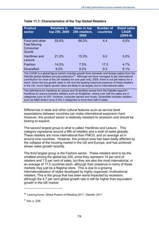 UK trade performance across markets and sectors 
Table 11.1: Characteristics of the Top Global Retailers 
Product sector 
Retailers in top 250, 2009 
Sales in top 250 retailers, 2009 
Number of countries 
Retail sales CAGR (2004-9) 
Food and other Fast Moving Consumer Goods 
55.6% 
68.0% 
4.4 
6.5% 
Hardlines and Leisure 
21.2% 
15.3% 
9.2 
5.0% 
Fashion 
14.0% 
7.5% 
17.5 
4.7% 
Diversified 
9.2% 
9.2% 
9.3 
6.1% 
The CAGR is a global figure (which includes growth from domestic and foreign sales) from the Deloitte global retailers annual publication40. Although we have managed to get international contribution for most of the UK retailers for one year only, 2009, there is not yet history for a trend. Given the low growth rates in UK and the leading historical presence of these retailers in the UK, much higher growth rates are likely to be largely due to international sales. 
The definitions for Hardlines & Leisure and Diversified comes from the Deloitte report41. Hardlines & Leisure includes retailers such as Kingfisher, where over half the sales are in categories such as DIY, furniture, computer games and music. Diversified includes retailers such as M&S where none of the 3 categories is more than half of sales. 
Differences in taste and other cultural features such as service level expectations between countries can make international expansion hard. However, this product sector is relatively resistant to recession and should be looking to expand. 
The second largest group is what is called ‘Hardlines and Leisure’. This category represents around a fifth of retailers and a sixth of sales globally. These retailers are more international than FMCG, and on average sit in around nine countries. However, this product area has been badly affected by the collapse of the housing market in the US and Europe, and has achieved slower sales growth recently. 
The third largest group is the Fashion sector. These retailers tend to be the smallest among the global top 250, since they represent 14 per cent of retailers and 7.5 per cent of sales, but they are also the most international, in an average of 17.5 countries each, although their presence in many of these markets may just be a flagship store. This is due to a growing internationalisation of styles developed by highly organized, multinational retailers. This is the group that has been worst impacted by recession, although the 4.7 per cent global growth rate is still far higher than equivalent growth in the UK market. 
40 ‘Leaving home: Global Powers of Retailing 2011’, Deloitte, 2011 
41 Ibid, p. G26 
74 
 