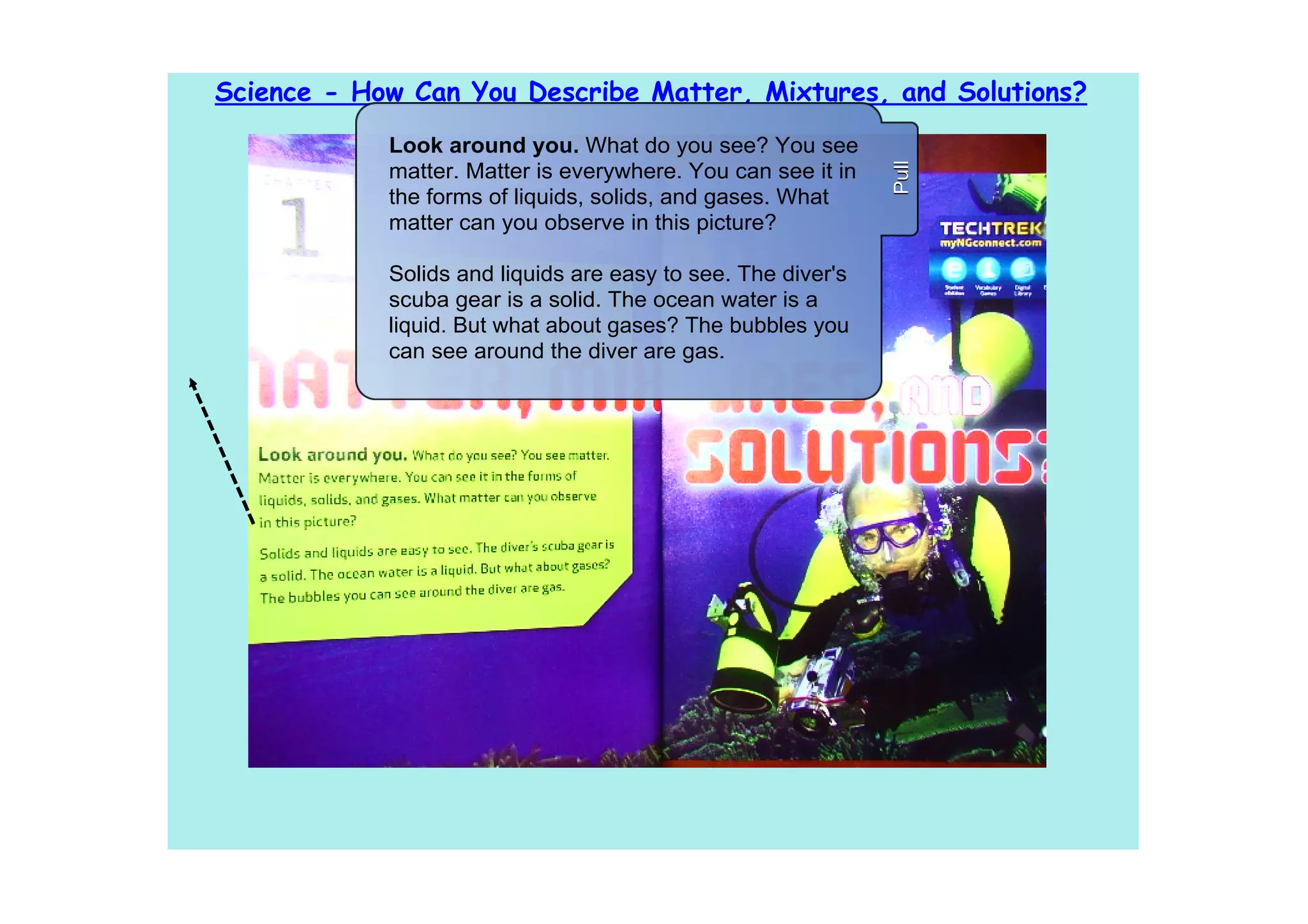 Science - How Can You Describe Matter, Mixtures, and Solutions?
            Look around you. What do you see? You see 




                                                               Pull
            matter. Matter is everywhere. You can see it in 
            the forms of liquids, solids, and gases. What 
            matter can you observe in this picture?

            Solids and liquids are easy to see. The diver's 
            scuba gear is a solid. The ocean water is a 
            liquid. But what about gases? The bubbles you 
            can see around the diver are gas.
 