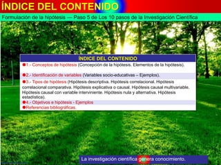 ÍNDICE DEL CONTENIDO
2www.coimbraweb.com
La investigación científica genera conocimiento.
ÍNDICE DEL CONTENIDO
1.- Conceptos de hipótesis (Concepción de la hipótesis. Elementos de la hipótesis).
2.- Identificación de variables (Variables socio-educativas – Ejemplos).
3.- Tipos de hipótesis (Hipótesis descriptiva. Hipótesis correlacional. Hipótesis
correlacional comparativa. Hipótesis explicativa o causal. Hipótesis causal multivariable.
Hipótesis causal con variable interviniente. Hipótesis nula y alternativa. Hipótesis
estadística).
4.- Objetivos e hipótesis - Ejemplos
Referencias bibliográficas.
Formulación de la hipótesis ― Paso 5 de Los 10 pasos de la Investigación Científica
 