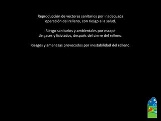 Reproducción de vectores sanitarios por inadecuada 
operación del relleno, con riesgo a la salud. 
Riesgo sanitarios y ambientales por escape 
de gases y lixiviados, después del cierre del relleno. 
Riesgos y amenazas provocados por inestabilidad del relleno.  