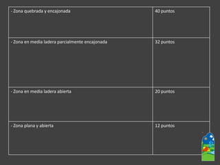 -Zona quebrada y encajonada 
40 puntos 
-Zona en media ladera parcialmente encajonada 
32 puntos 
-Zona en media ladera abierta 
20 puntos 
-Zona plana y abierta 
12 puntos  