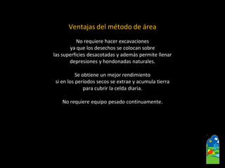 Ventajas del método de área 
No requiere hacer excavaciones 
ya que los desechos se colocan sobre 
las superficies desacotadas y además permite llenar 
depresiones y hondonadas naturales. 
Se obtiene un mejor rendimiento 
si en los períodos secos se extrae y acumula tierra 
para cubrir la celda diaria. 
No requiere equipo pesado continuamente.  