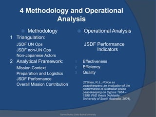4 Methodology and Operational
              Analysis
        Methodology                           Operational Analysis
1 Triangulation:
  JSDF UN Ops                                    JSDF Performance
  JSDF non-UN Ops                                     Indicators
  Non-Japanese Actors
2 Analytical Framework:                1       Effectiveness
  Mission Context                      2       Efficiency
  Preparation and Logistics            3       Quality
  JSDF Performance
                                               (O'Brien, R.J., Police as
  Overall Mission Contribution                 peacekeepers: an evaluation of the
                                               performance of Australian police
                                               peacekeeping on Cyprus 1964 –
                                               1998, PhD thesis (Adelaide:
                                               University of South Australia, 2001).




                         Garren Mulloy Daito Bunka University
 
