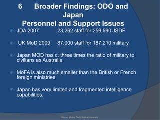 6    Broader Findings: ODO and
                 Japan
      Personnel and Support Issues
   JDA 2007          23,262 staff for 259,590 JSDF

   UK MoD 2009       87,000 staff for 187,210 military

   Japan MOD has c. three times the ratio of military to
    civilians as Australia

   MoFA is also much smaller than the British or French
    foreign ministries

   Japan has very limited and fragmented intelligence
    capabilities.



                        Garren Mulloy Daito Bunka University
 