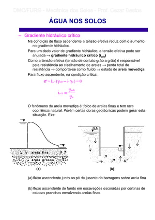 – Gradiente hidráulico crítico
Na condição de fluxo ascendente a tensão efetiva reduz com o aumento
no gradiente hidráulico.
Para um dado valor de gradiente hidráulico, a tensão efetiva pode ser
anulada → gradiente hidráulico crítico (icrít)
Como a tensão efetiva (tensão de contato grão a grão) é responsável
pela resistência ao cisalhamento de areias → perda total de
resistência → comporta-se como fluído ⇒ estado de areia movediça
Para fluxo ascendente, na condição crítica:
O fenômeno de areia movediça é típico de areias finas e tem rara
ocorrência natural. Porém certas obras geotécnicas podem gerar esta
situação. Exs:
(a) fluxo ascendente junto ao pé de jusante de barragens sobre areia fina
(b) fluxo ascendente de fundo em escavações escoradas por cortinas de
estacas pranchas envolvendo areias finas
ÁGUA NOS SOLOS
0)i(L' wsub =γ⋅−γ⋅=σ
w
sub
críti
γ
γ
=
	
	 