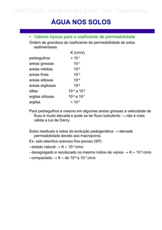 • Valores típicos para o coeficiente de permeabilidade
Ordem de grandeza do coeficiente de permeabilidade de solos
sedimentares
K (cm/s)
pedregulhos  10-1
areias grossas 10-1
areias médias 10-2
areias finas 10-3
areias siltosas 10-4
areias argilosas 10-5
siltes 10-4 a 10-5
argilas siltosas 10-5 a 10-7
argilas  10-7
Para pedregulhos e mesmo em algumas areias grossas a velocidade de
fluxo é muito elevada e pode se ter fluxo turbulento → não é mais
válida a Lei de Darcy.
Solos residuais e solos de evolução pedogenética → elevada
permeabilidade devido aos macroporos.
Ex: solo laterítico arenoso fino poroso (SP)
- estado natural → K ≈ 10-3 cm/s
- desagregado e recolocado no mesmo índice de vazios → K ≈ 10-5 cm/s
- compactado → K ≈ de 10-6 a 10-7 cm/s
ÁGUA NOS SOLOS
	
	 