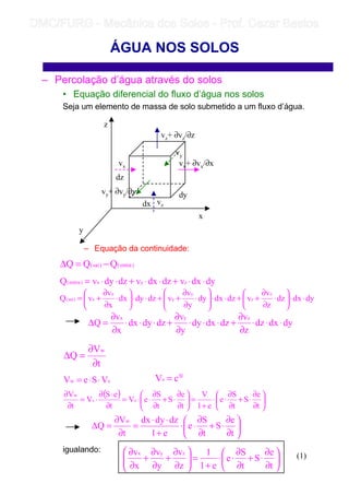 – Percolação d’água através do solos
• Equação diferencial do fluxo d’água nos solos
Seja um elemento de massa de solo submetido a um fluxo d’água.
– Equação da continuidade:
igualando:
ÁGUA NOS SOLOS
dx
dz
dy
x
z
y
vx
vz
vy
vx+ ∂vx/∂x
vz+ ∂vz/∂z
vy+ ∂vy/∂y
dydxvdzdxvdzdyvQ zyx)entra( ⋅⋅+⋅⋅+⋅⋅=
dydxdz
z
v
vdzdxdy
y
v
vdzdydx
x
v
vQ
z
z
y
y
x
x)sai( ⋅⋅





⋅
∂
∂
++⋅⋅





⋅
∂
∂
++⋅⋅





⋅
∂
∂
+=
dydxdz
z
v
dzdxdy
y
v
dzdydx
x
v
Q
zyx
⋅⋅⋅
∂
∂
+⋅⋅⋅
∂
∂
+⋅⋅⋅
∂
∂
=∆
)entra()sai( QQQ −=∆
t
V
Q
w
∂
∂
=∆
sw VSeV ⋅⋅=
te
s cV =
( )






∂
∂
⋅+
∂
∂
⋅⋅
+
=





∂
∂
⋅+
∂
∂
⋅⋅=
∂
⋅∂
⋅=
∂
∂
t
e
S
t
S
e
e1
V
t
e
S
t
S
eV
t
eS
V
t
V
ss
w






∂
∂
⋅+
∂
∂
⋅⋅
+
⋅⋅
=
∂
∂
=∆
t
e
S
t
S
e
e1
dzdydx
t
V
Q
w






∂
∂
⋅+
∂
∂
⋅⋅
+
=





∂
∂
+
∂
∂
+
∂
∂
t
e
S
t
S
e
e1
1
z
v
y
v
x
v zyx
(1)
	
	 