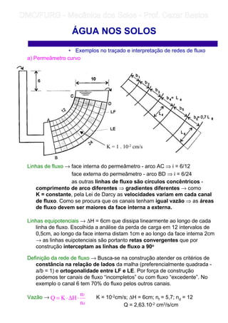 • Exemplos no traçado e interpretação de redes de fluxo
a) Permeâmetro curvo
Linhas de fluxo → face interna do permeâmetro - arco AC ⇒ i = 6/12
face externa do permeâmetro - arco BD ⇒ i = 6/24
as outras linhas de fluxo são círculos concêntricos -
comprimento de arco diferentes ⇒ gradientes diferentes → como
K = constante, pela Lei de Darcy as velocidades variam em cada canal
de fluxo. Como se procura que os canais tenham igual vazão ⇒ as áreas
de fluxo devem ser maiores da face interna a externa.
Linhas equipotenciais → ∆H = 6cm que dissipa linearmente ao longo de cada
linha de fluxo. Escolhida a análise da perda de carga em 12 intervalos de
0,5cm, ao longo da face interna distam 1cm e ao longo da face interna 2cm
→ as linhas euipotenciais são portanto retas convergentes que por
construção interceptam as linhas de fluxo a 90o
Definição da rede de fluxo → Busca-se na construção atender os critérios de
constância na relação de lados da malha (preferencialmente quadrada -
a/b = 1) e ortogonalidade entre LF e LE. Por força de construção
podemos ter canais de fluxo “incompletos” ou com fluxo “excedente”. No
exemplo o canal 6 tem 70% do fluxo pelos outros canais.
Vazão → K = 10-2cm/s; ∆H = 6cm; nf = 5,7; nd = 12
Q = 2,63.10-2 cm3/s/cm
ÁGUA NOS SOLOS
d
f
n
n
HKQ ⋅∆⋅=
K = 1 . 10-2 cm/s
	
	 