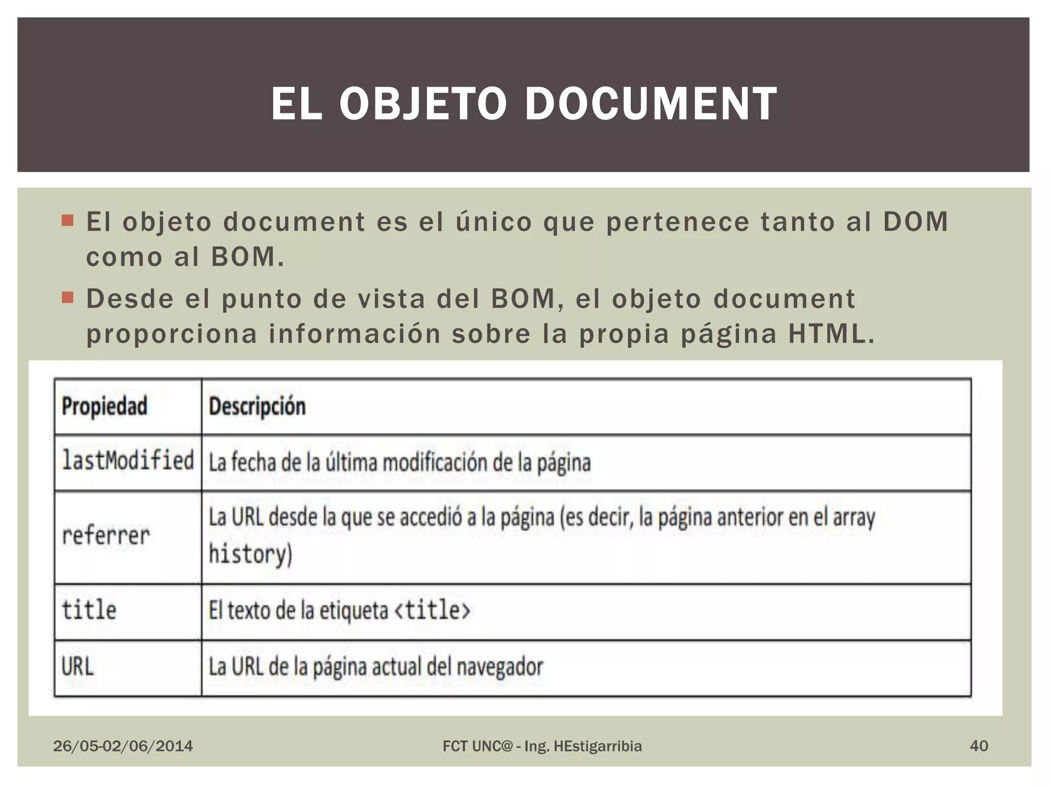  El objeto document es el único que pertenece tanto al DOM
como al BOM.
 Desde el punto de vista del BOM, el objeto document
proporciona información sobre la propia página HTML.
26/05-02/06/2014 FCT UNC@ - Ing. HEstigarribia 40
EL OBJETO DOCUMENT
 