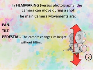 PAN.
TILT.
PEDESTIAL. The camera changes its height
without tilting.
In FILMMAKING (versus photography) the
camera can move during a shot.
The main Camera Movements are:
 