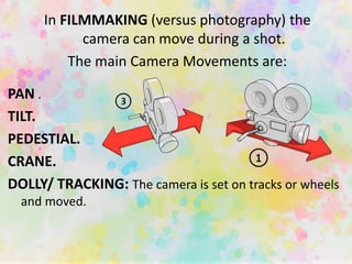 PAN .
TILT.
PEDESTIAL.
CRANE.
DOLLY/ TRACKING: The camera is set on tracks or wheels
and moved.
In FILMMAKING (versus photography) the
camera can move during a shot.
The main Camera Movements are:
 