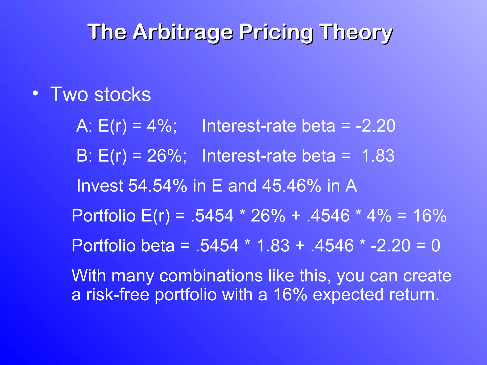 • Two stocks
A: E(r) = 4%; Interest-rate beta = -2.20
B: E(r) = 26%; Interest-rate beta = 1.83
Invest 54.54% in E and 45.46% in A
Portfolio E(r) = .5454 * 26% + .4546 * 4% = 16%
Portfolio beta = .5454 * 1.83 + .4546 * -2.20 = 0
With many combinations like this, you can create
a risk-free portfolio with a 16% expected return.
The Arbitrage Pricing TheoryThe Arbitrage Pricing Theory
 