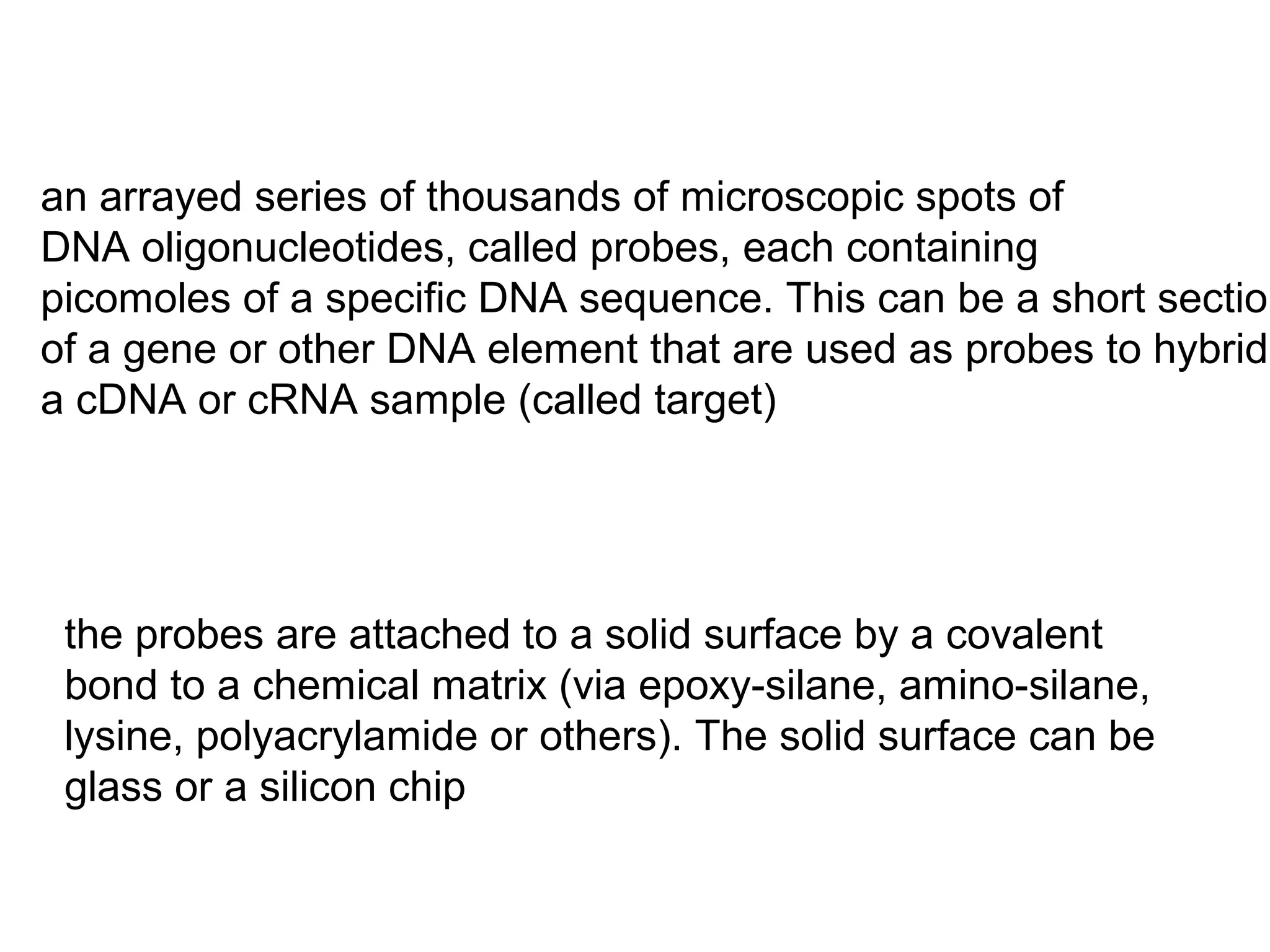 an arrayed series of thousands of microscopic spots of
DNA oligonucleotides, called probes, each containing
picomoles of a specific DNA sequence. This can be a short section
of a gene or other DNA element that are used as probes to hybridi
a cDNA or cRNA sample (called target)

the probes are attached to a solid surface by a covalent
bond to a chemical matrix (via epoxy-silane, amino-silane,
lysine, polyacrylamide or others). The solid surface can be
glass or a silicon chip

 