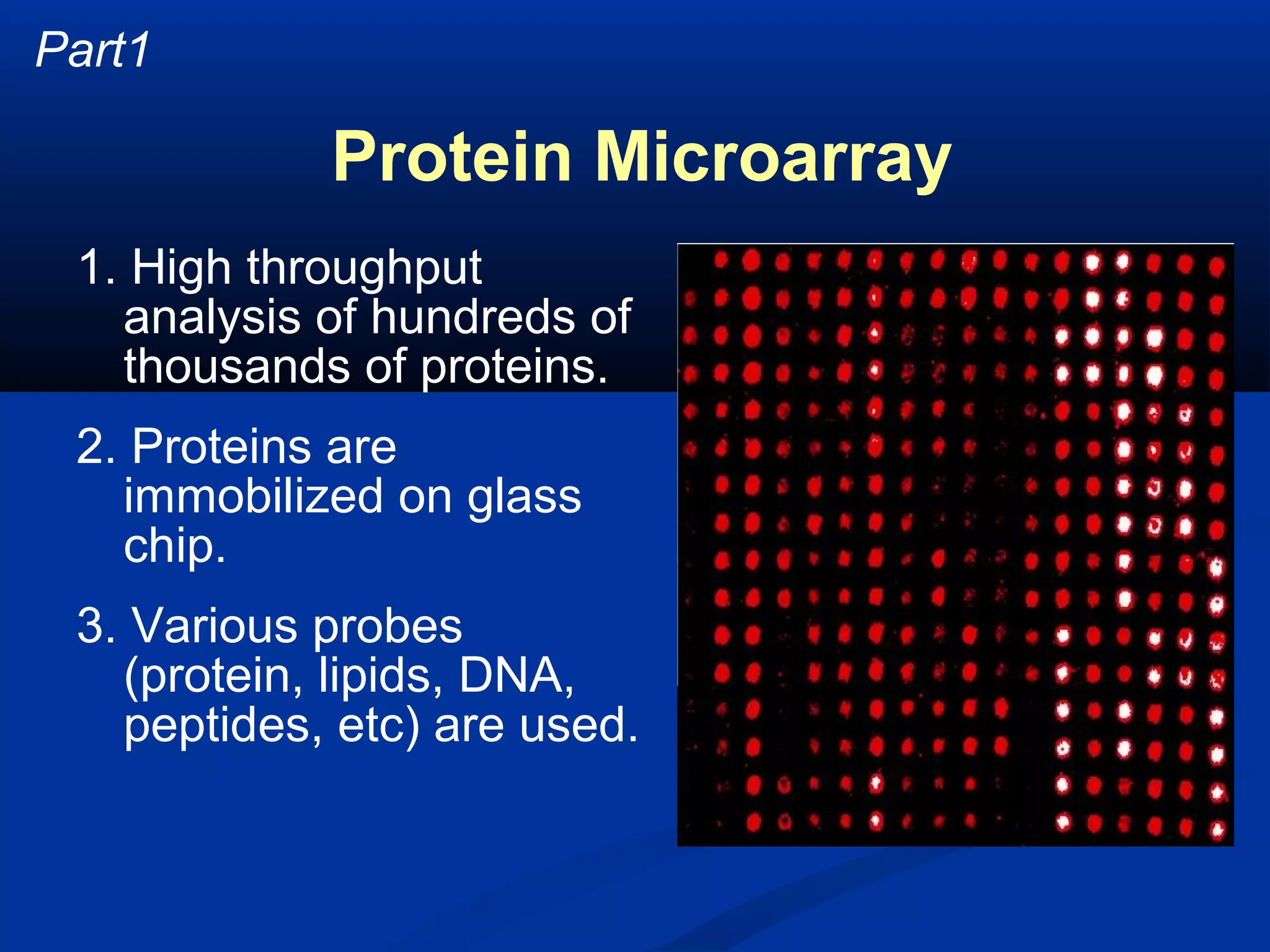 Part1

Protein Microarray
1. High throughput
analysis of hundreds of
thousands of proteins.
2. Proteins are
immobilized on glass
chip.
3. Various probes
(protein, lipids, DNA,
peptides, etc) are used.

 