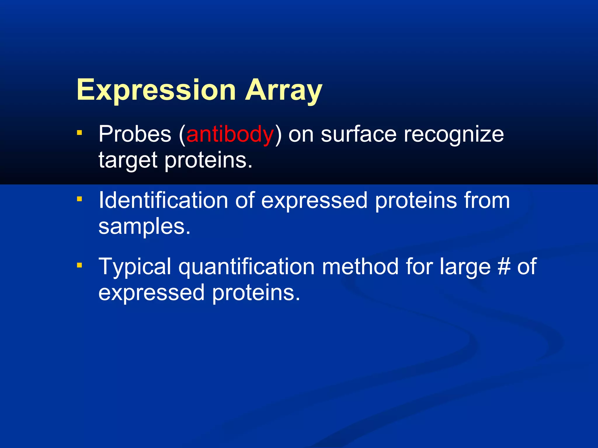 Expression Array


Probes (antibody) on surface recognize
target proteins.



Identification of expressed proteins from
samples.



Typical quantification method for large # of
expressed proteins.

 