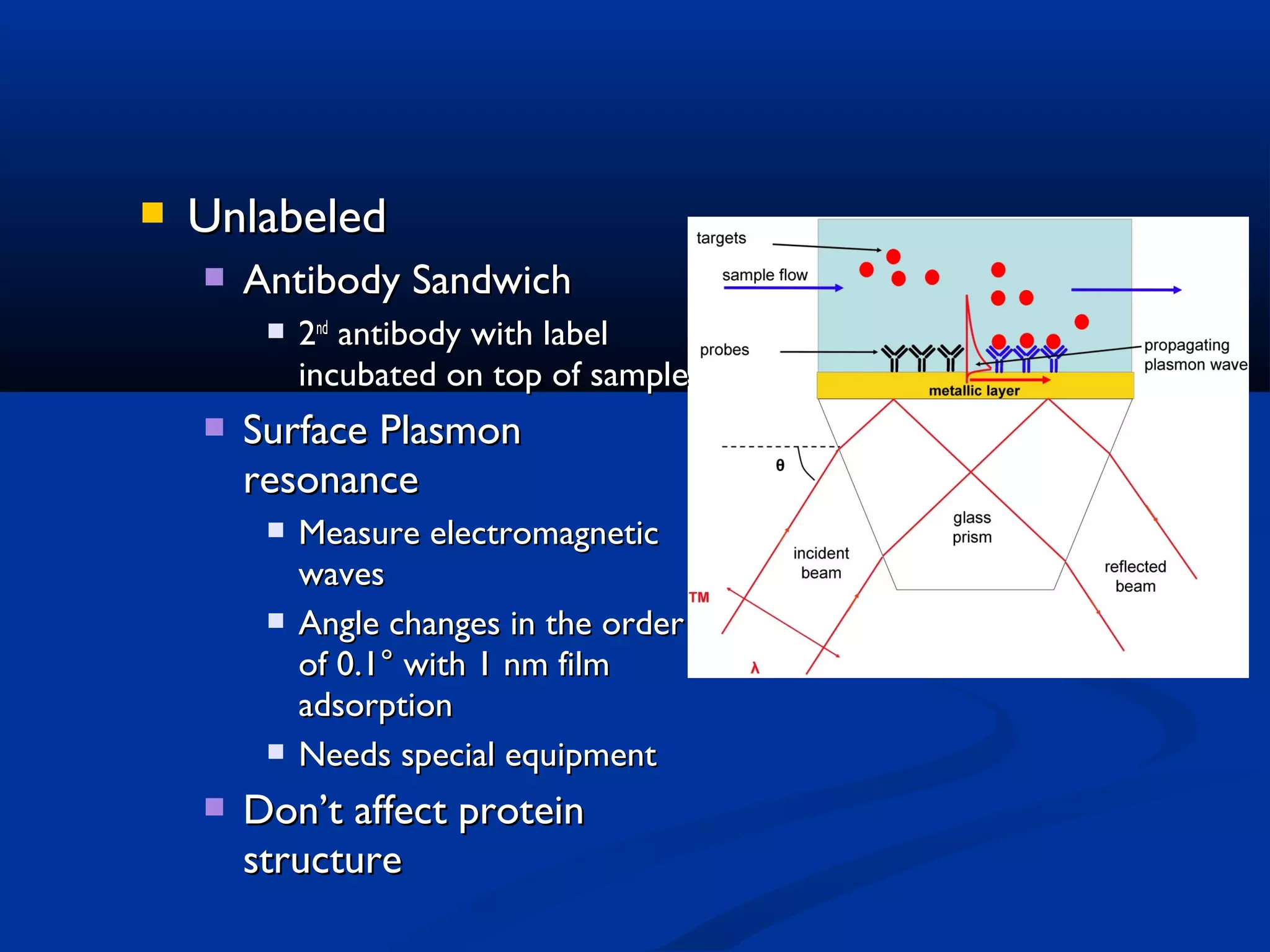 

Unlabeled


Antibody Sandwich




Surface Plasmon
resonance








2nd antibody with label
incubated on top of sample

Measure electromagnetic
waves
Angle changes in the order
of 0.1° with 1 nm film
adsorption
Needs special equipment

Don’t affect protein
structure

 
