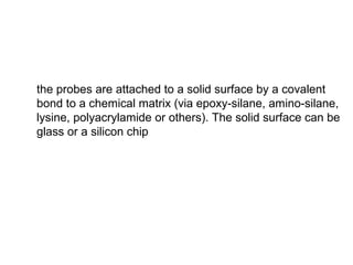 the probes are attached to a solid surface by a covalent 
bond to a chemical matrix (via epoxy-silane, amino-silane, 
lysine, polyacrylamide or others). The solid surface can be 
glass or a silicon chip 
 