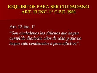 REQUISITOS PARA SER CIUDADANO ART. 13 INC. 1º C.P.E. 1980 <ul><li>Art. 13 inc. 1º  </li></ul><ul><li>“ Son ciudadanos los ...