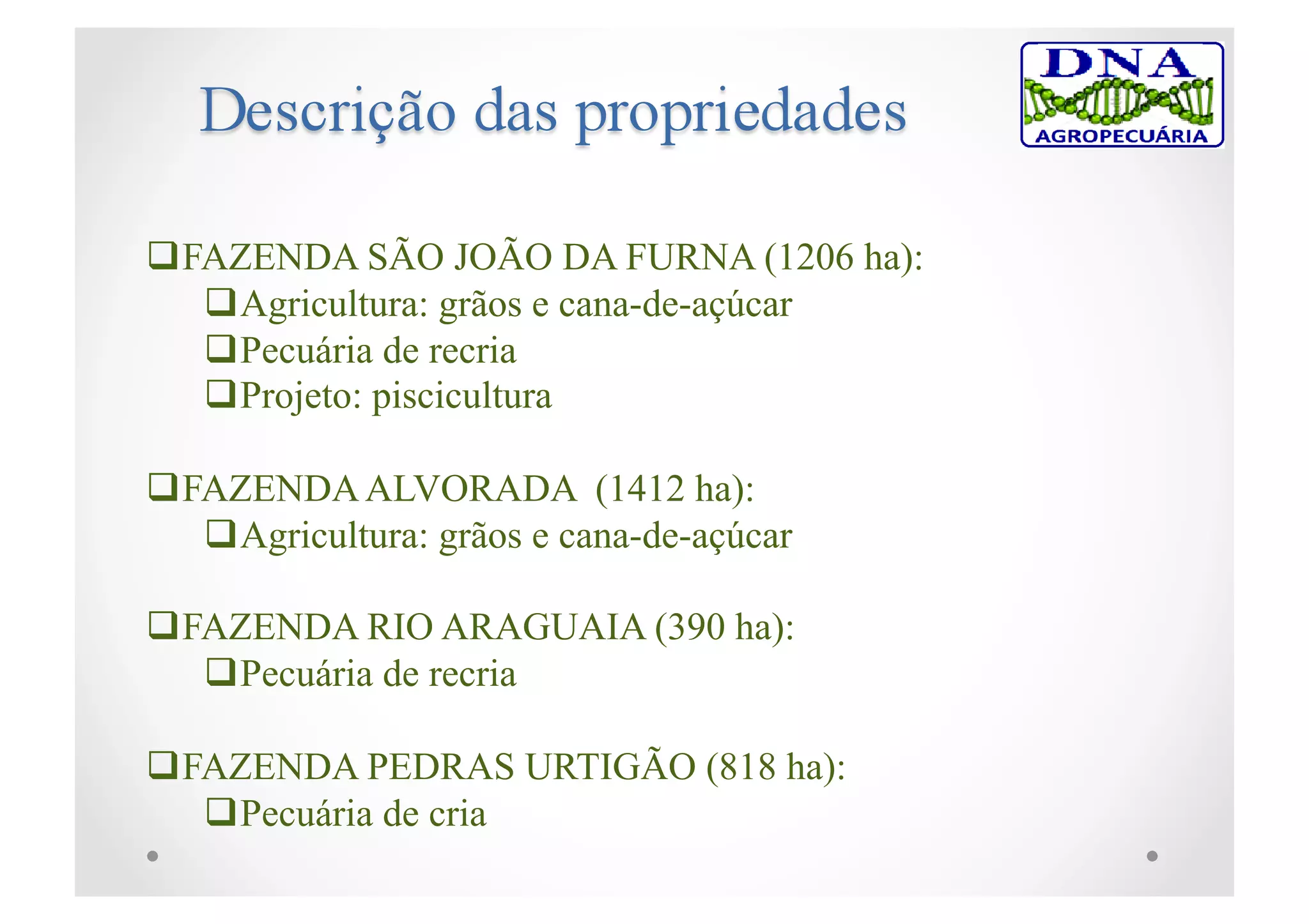  FAZENDA SÃO JOÃO DA FURNA (1206 ha):
 Agricultura: grãos e cana-de-açúcar
 Pecuária de recria
 Projeto: piscicultura
 FAZENDAALVORADA (1412 ha):
 Agricultura: grãos e cana-de-açúcar
 FAZENDA RIO ARAGUAIA (390 ha):
 Pecuária de recria
 FAZENDA PEDRAS URTIGÃO (818 ha):
 Pecuária de cria
 