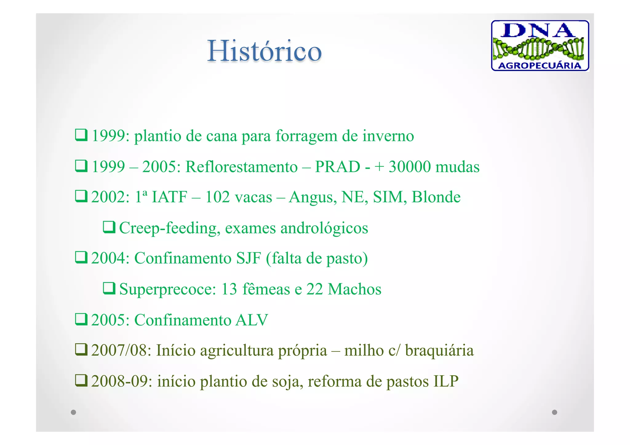 1999: plantio de cana para forragem de inverno
 1999 – 2005: Reflorestamento – PRAD - + 30000 mudas
 2002: 1ª IATF – 102 vacas – Angus, NE, SIM, Blonde
 Creep-feeding, exames andrológicos
 2004: Confinamento SJF (falta de pasto)
 Superprecoce: 13 fêmeas e 22 Machos
 2005: Confinamento ALV
 2007/08: Início agricultura própria – milho c/ braquiária
 2008-09: início plantio de soja, reforma de pastos ILP
 