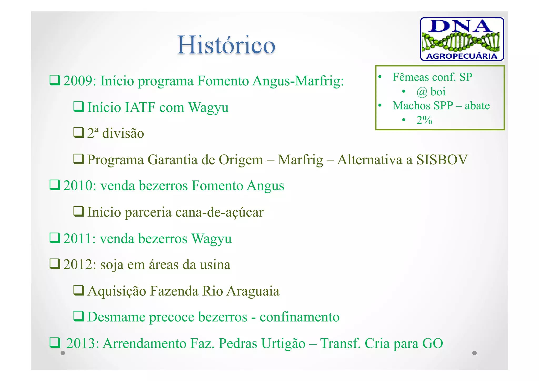  2009: Início programa Fomento Angus-Marfrig:
 Início IATF com Wagyu
 2ª divisão
 Programa Garantia de Origem – Marfrig – Alternativa a SISBOV
 2010: venda bezerros Fomento Angus
 Início parceria cana-de-açúcar
 2011: venda bezerros Wagyu
 2012: soja em áreas da usina
 Aquisição Fazenda Rio Araguaia
 Desmame precoce bezerros - confinamento
 2013: Arrendamento Faz. Pedras Urtigão – Transf. Cria para GO
•  Fêmeas conf. SP
•  @ boi
•  Machos SPP – abate
•  2%
 