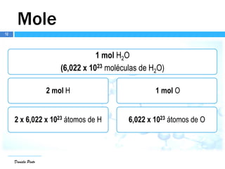 Daniela Pinto
Mole
1 mol H2O
(6,022 x 1023 moléculas de H2O)
2 mol H
2 x 6,022 x 1023 átomos de H
1 mol O
6,022 x 1023 átomos de O
Daniela Pinto
12
 