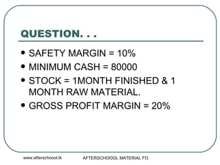 QUESTION. . .  SAFETY MARGIN = 10% MINIMUM CASH = 80000 STOCK = 1MONTH FINISHED & 1 MONTH RAW MATERIAL.  GROSS PROFIT MARGIN = 20% 