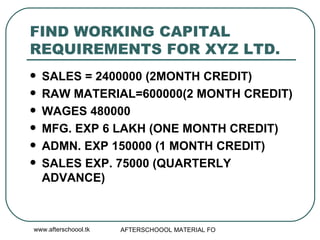 FIND WORKING CAPITAL REQUIREMENTS FOR XYZ LTD.  SALES = 2400000 (2MONTH CREDIT) RAW MATERIAL=600000(2 MONTH CREDIT) WAGES 480000 MFG. EXP 6 LAKH (ONE MONTH CREDIT) ADMN. EXP 150000 (1 MONTH CREDIT) SALES EXP. 75000 (QUARTERLY ADVANCE) 
