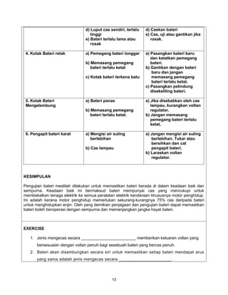d) Luput cas sendiri, terlalu   d) Caskan bateri
                                   tinggi                       e) Cas, uji atau gantikan jika
                                e) Bateri terlalu lama atau        rosak.
                                   rosak

 4. Kotak Bateri retak          a) Pemegang bateri longgar      a) Pasangkan bateri baru
                                                                   dan ketatkan pemegang
                                b) Memasang pemegang               bateri.
                                   bateri terlalu ketat         b) Gantikan dengan bateri
                                                                   baru dan jangan
                                c) Kotak bateri terkena batu       memasang pemegang
                                                                   bateri terlalu ketat.
                                                                c) Pasangkan pelindung
                                                                   disekeliling bateri.

 5. Kotak Bateri                a) Bateri panas                 a) Jika disebabkan oleh cas
 Mengelembung                                                      lampau, kurangkan voltan
                                b) Memasang pemegang               regulator.
                                   bateri terlalu ketat.        b) Jangan memasang
                                                                   pemegang bateri terlalu
                                                                   ketat.

 6. Pengapit bateri karat       a) Mengisi air suling           a) Jangan mengisi air suling
                                   berlebihan                      berlebihan. Tukar atau
                                                                   bersihkan dan cat
                                b) Cas lampau                      pengapit bateri.
                                                                b) Laraskan voltan
                                                                   regulator.



KESIMPULAN

Pengujian bateri mestilah dilakukan untuk memastikan bateri berada di dalam keadaan baik dan
sempurna. Keadaan baik ini bermaksud bateri mempunyai cas yang mencukupi untuk
membekalkan tenaga elektrik ke semua peralatan elektrik kenderaan khususnya motor penghidup.
Ini adalah kerana motor penghidup memerlukan sekurang-kurangnya 75% cas daripada bateri
untuk menghidupkan enjin. Oleh yang demikian penjagaan dan pengujian bateri dapat memastikan
bateri boleh beroperasi dengan sempurna dan memanjangkan jangka hayat bateri.



EXERCISE

   1. Jenis mengecas secara ________________________ memberikan keluaran voltan yang
       bersesuaian dengan voltan penuh bagi sesebuah bateri yang bercas penuh.
   2. Bateri akan disambungkan secara siri untuk memastikan setiap bateri mendapat arus
       yang sama adalah jenis mengecas secara ______________________.



                                              13
 