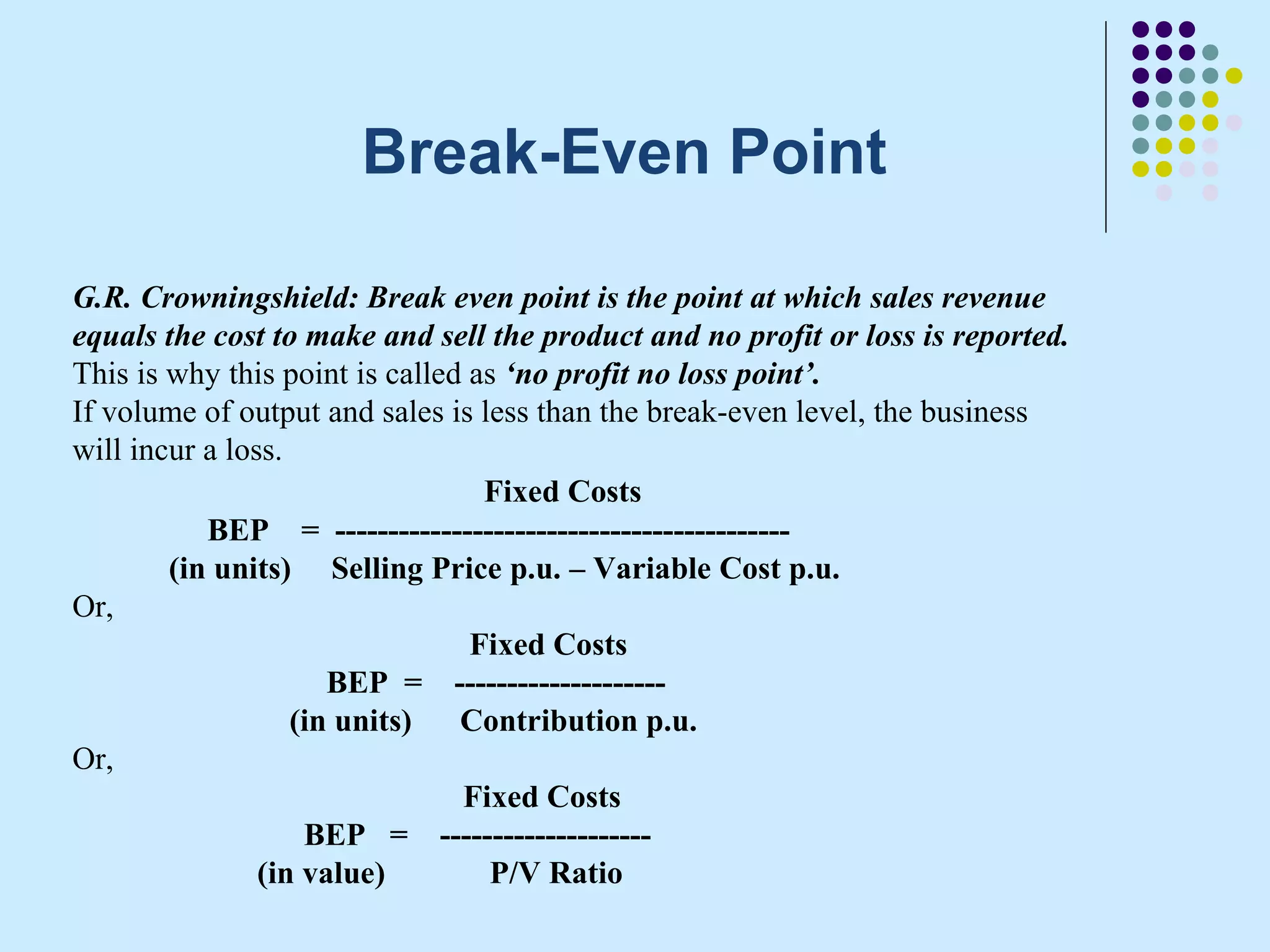 Break-Even Point

G.R. Crowningshield: Break even point is the point at which sales revenue
equals the cost to make and sell the product and no profit or loss is reported.
This is why this point is called as ‘no profit no loss point’.
If volume of output and sales is less than the break-even level, the business
will incur a loss.
                                  Fixed Costs
           BEP = -------------------------------------------
        (in units) Selling Price p.u. – Variable Cost p.u.
Or,
                                 Fixed Costs
                      BEP = --------------------
                   (in units)   Contribution p.u.
Or,
                                Fixed Costs
                    BEP = --------------------
                (in value)        P/V Ratio
 