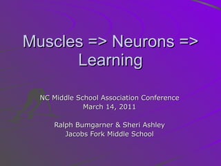 Muscles => Neurons => Learning NC Middle School Association Conference March 14, 2011 Ralph Bumgarner & Sheri Ashley Jacobs Fork Middle School 