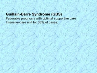 Guillain-Barre Syndrome (GBS)
Favorable prognosis with optimal supportive care
Intensive-care unit for 33% of cases.
 