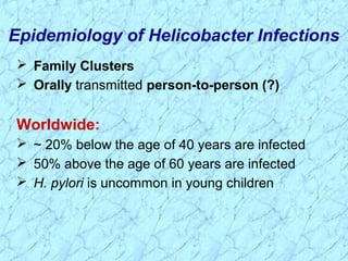  Family Clusters
 Orally transmitted person-to-person (?)
Worldwide:
 ~ 20% below the age of 40 years are infected
 50% above the age of 60 years are infected
 H. pylori is uncommon in young children
Epidemiology of Helicobacter Infections
 