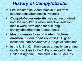  First isolated as Vibrio fetus in 1909 from
spontaneous abortions in livestock
 Campylobacter enteritis was not recognized
until the mid-1970s when selective isolation
media were developed for culturing
campylobacters from human feces
 Most common form of acute infectious
diarrhea in developed countries; Higher
incidence than Salmonella & Shigella combined
 In the U.S., >2 million cases annually, an annual
incidence close to the 1.1% observed in the
United Kingdom; Estimated 200-700 deaths
History of Campylobacter
 