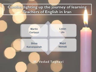 Candles lighting up the journey of learning
Teachers of English in Iran
Martin
Cortazzi
Lixian
Jin
Shiva
Kaivanpanah
Majid
Nemati
M. Vedad Taghavi
 