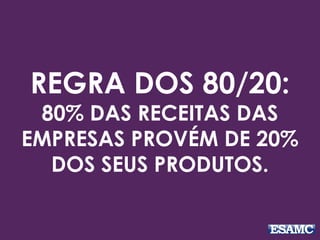 REGRA DOS 80/20:
80% DAS RECEITAS DAS
EMPRESAS PROVÉM DE 20%
DOS SEUS PRODUTOS.
 