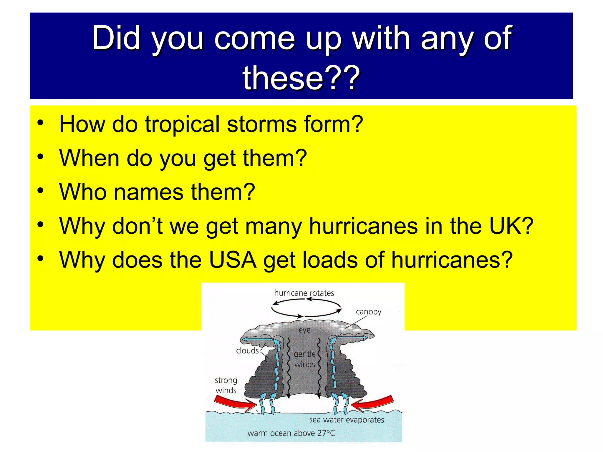 Did you come up with any ofDid you come up with any of
these??these??
• How do tropical storms form?
• When do you get them?
• Who names them?
• Why don’t we get many hurricanes in the UK?
• Why does the USA get loads of hurricanes?
 