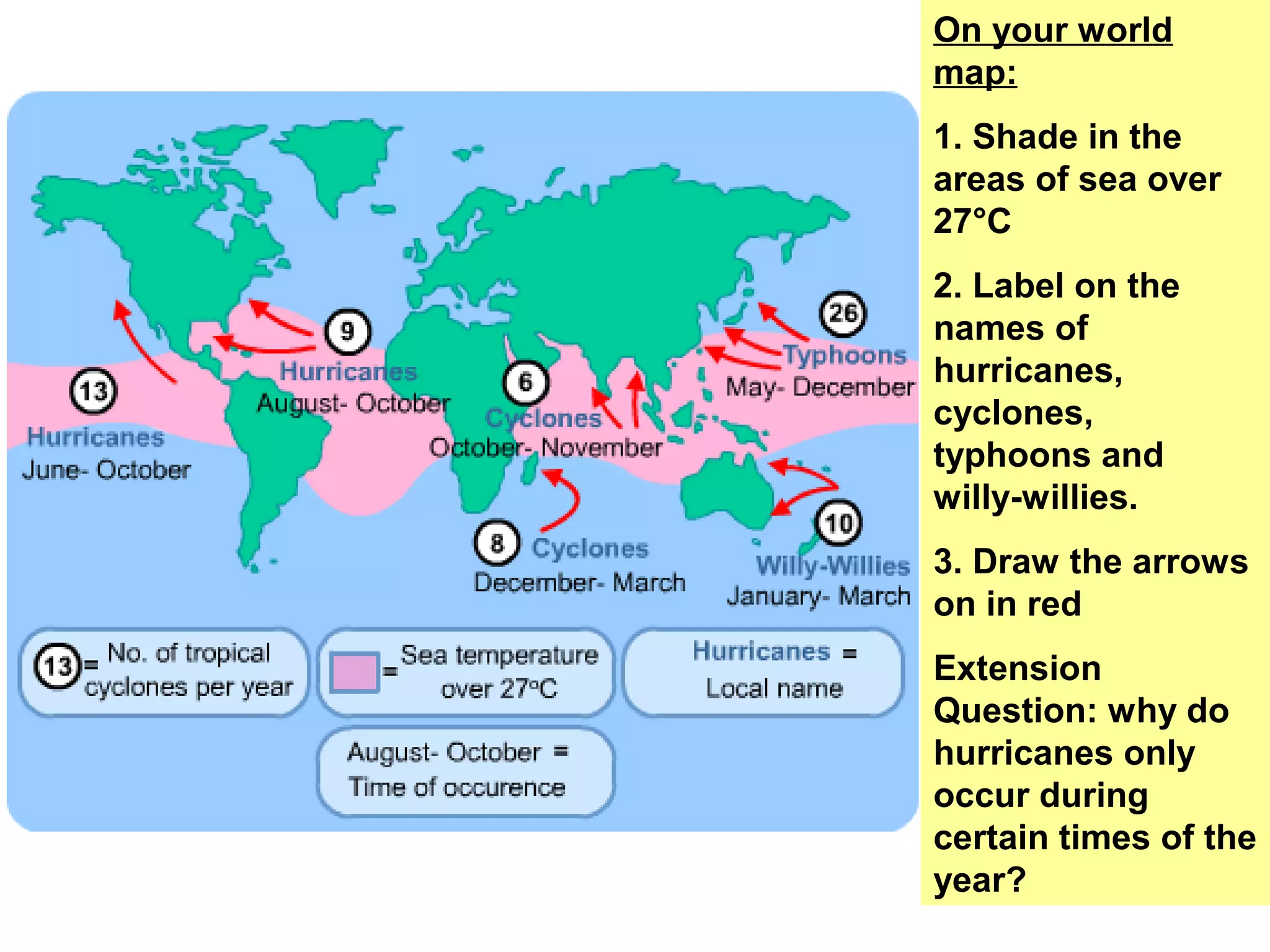 On your world
map:
1. Shade in the
areas of sea over
27°C
2. Label on the
names of
hurricanes,
cyclones,
typhoons and
willy-willies.
3. Draw the arrows
on in red
Extension
Question: why do
hurricanes only
occur during
certain times of the
year?
 