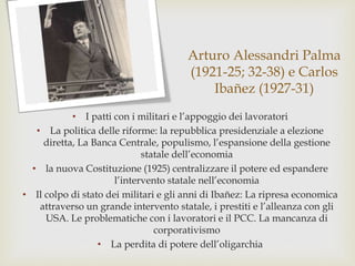 Arturo Alessandri Palma
(1921-25; 32-38) e Carlos
Ibañez (1927-31)
• I patti con i militari e l’appoggio dei lavoratori
• La politica delle riforme: la repubblica presidenziale a elezione
diretta, La Banca Centrale, populismo, l’espansione della gestione
statale dell’economia
• la nuova Costituzione (1925) centralizzare il potere ed espandere
l’intervento statale nell’economia
• Il colpo di stato dei militari e gli anni di Ibañez: La ripresa economica
attraverso un grande intervento statale, i prestiti e l’alleanza con gli
USA. Le problematiche con i lavoratori e il PCC. La mancanza di
corporativismo
• La perdita di potere dell’oligarchia
 