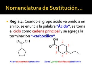  Los ácidos carboxílicos son prioritarios frente
a otros grupos, que pasan a nombrarse como
sustituyentes.
Ácido 5-hidroxi-4,7-dioxoheptanoico
6
5
4
3
2
1
O
O
7
O
H OHOH
 