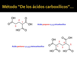  Cuando el grupo carboxilo se une al benceno, el
compuesto recibe el nombre de “Ácido
Benzoico”. Los compuestos derivados se
nombrarán tomando a éste como cadena
principal.
Ácido benzoico Ácido m-etilbenzoico
O
OH
O
OH
 
