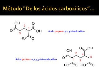 3
2
1
OOH
O
OH O
OH Ácido propano-1,1,3-tricarboxílico
1
2
3
4
5
O
OH
OOH
O OH
OOH
Ácido pentano-1,1,4,5-tetracarboxílico
 