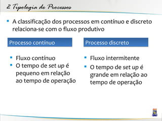2 Tipologia de Processos
 A classificação dos processos em contínuo e discreto
  relaciona-se com o fluxo produtivo

 Processo contínuo           Processo discreto

  Fluxo contínuo            Fluxo intermitente
  O tempo de set up é       O tempo de set up é
   pequeno em relação         grande em relação ao
   ao tempo de operação       tempo de operação
 