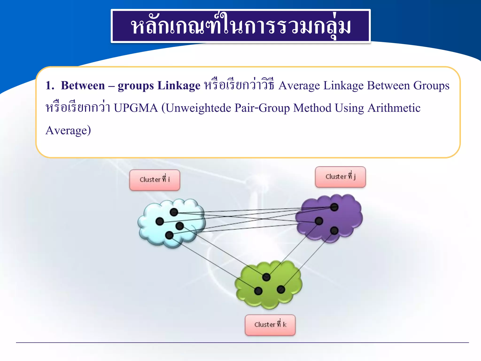 หลักเกณฑ์ในการรวมกลุ่ม
1. Between – groups Linkage หรือเรียกว่าวิธี Average Linkage Between Groups
หรือเรียกกว่า UPGMA (Unweightede Pair-Group Method Using Arithmetic
Average)
 