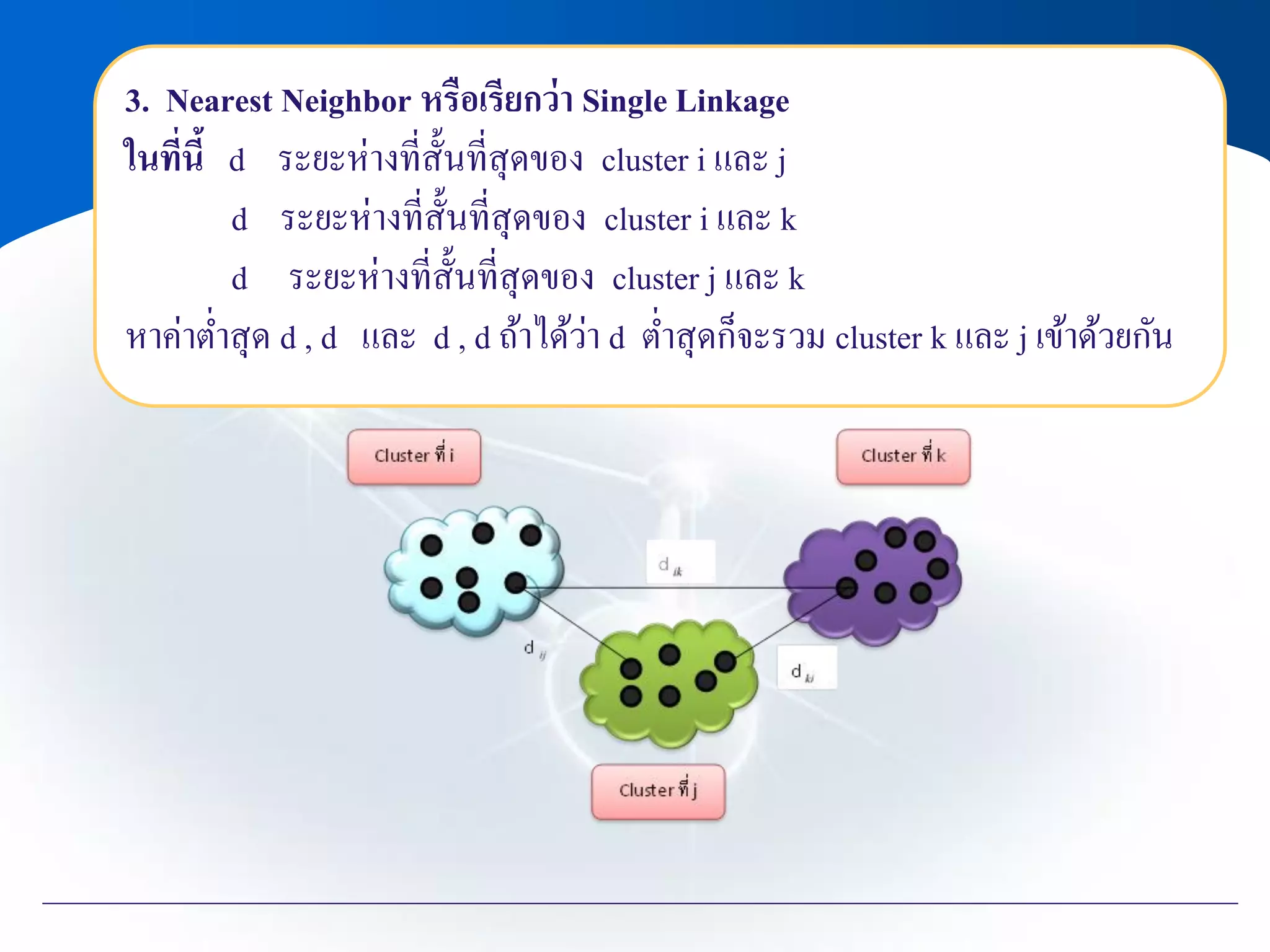 3. Nearest Neighbor หรือเรียกว่า Single Linkage
ในที่นี้ d ระยะห่างที่สั้นที่สุดของ cluster i และ j
d ระยะห่างที่สั้นที่สุดของ cluster i และ k
d ระยะห่างที่สั้นที่สุดของ cluster j และ k
หาค่าต่าสุด d , d และ d , d ถ้าได้ว่า d ต่าสุดก็จะรวม cluster k และ j เข้าด้วยกัน
 