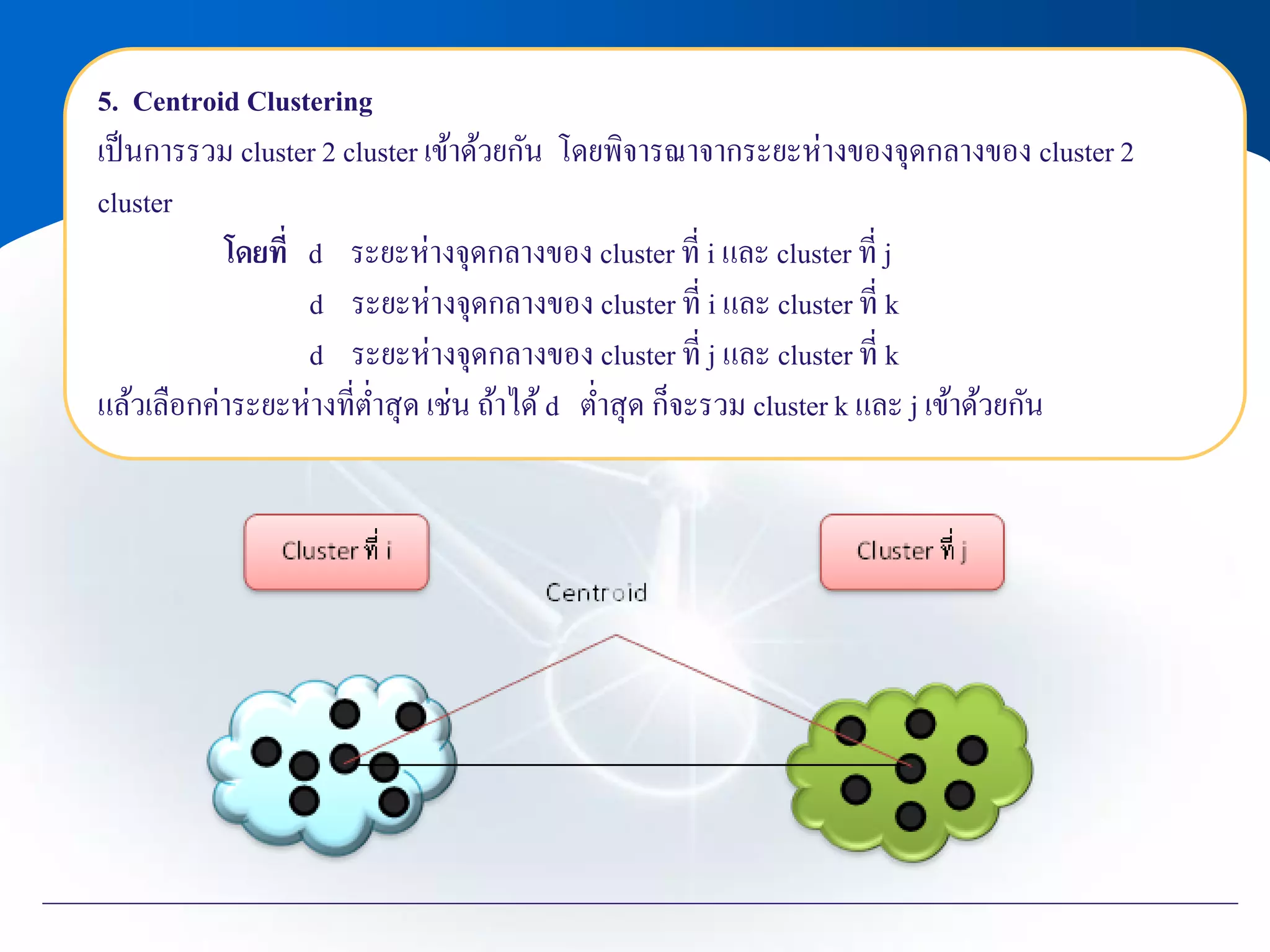 5. Centroid Clustering
เป็นการรวม cluster 2 cluster เข้าด้วยกัน โดยพิจารณาจากระยะห่างของจุดกลางของ cluster 2
cluster
โดยที่ d ระยะห่างจุดกลางของ cluster ที่ i และ cluster ที่ j
d ระยะห่างจุดกลางของ cluster ที่ i และ cluster ที่ k
d ระยะห่างจุดกลางของ cluster ที่ j และ cluster ที่ k
แล้วเลือกค่าระยะห่างที่ต่าสุด เช่น ถ้าได้d ต่าสุด ก็จะรวม cluster k และ j เข้าด้วยกัน
 