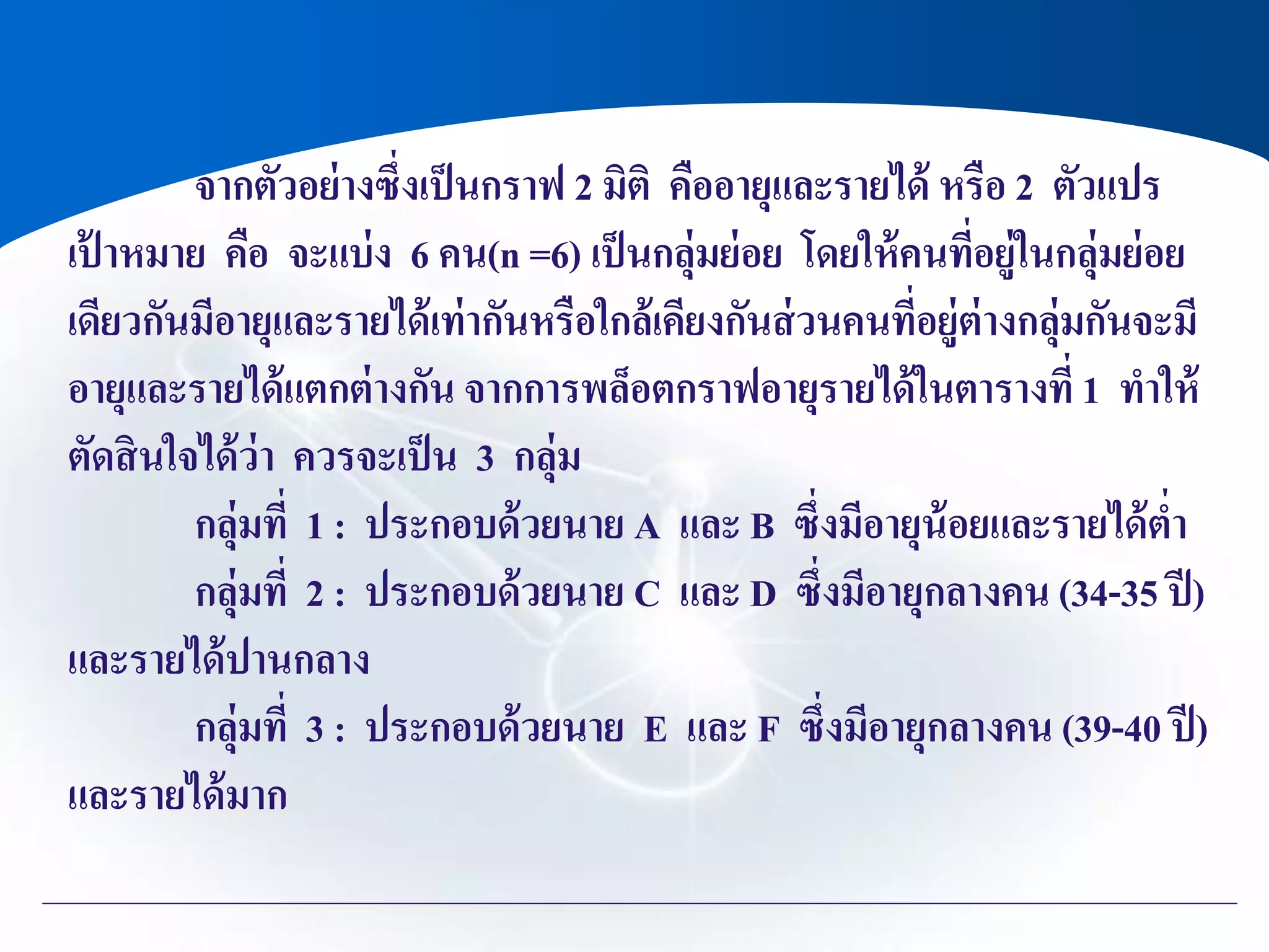 จากตัวอย่างซึ่งเป็นกราฟ 2 มิติ คืออายุและรายได้ หรือ 2 ตัวแปร
เป้ าหมาย คือ จะแบ่ง 6 คน(n =6) เป็นกลุ่มย่อย โดยให้คนที่อยู่ในกลุ่มย่อย
เดียวกันมีอายุและรายได้เท่ากันหรือใกล้เคียงกันส่วนคนที่อยู่ต่างกลุ่มกันจะมี
อายุและรายได้แตกต่างกัน จากการพล็อตกราฟอายุรายได้ในตารางที่ 1 ทาให้
ตัดสินใจได้ว่า ควรจะเป็น 3 กลุ่ม
กลุ่มที่ 1 : ประกอบด้วยนาย A และ B ซึ่งมีอายุน้อยและรายได้ต่า
กลุ่มที่ 2 : ประกอบด้วยนาย C และ D ซึ่งมีอายุกลางคน (34-35 ปี)
และรายได้ปานกลาง
กลุ่มที่ 3 : ประกอบด้วยนาย E และ F ซึ่งมีอายุกลางคน (39-40 ปี)
และรายได้มาก
 